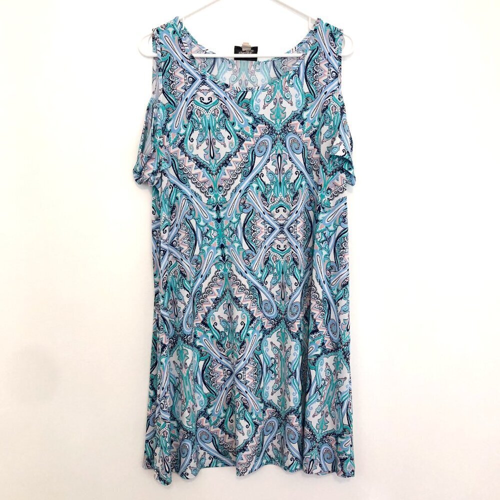BEIGE BY ECI White Blue Green Navy Pink Paisley Geo Cold Shoulder Shift Dress XL